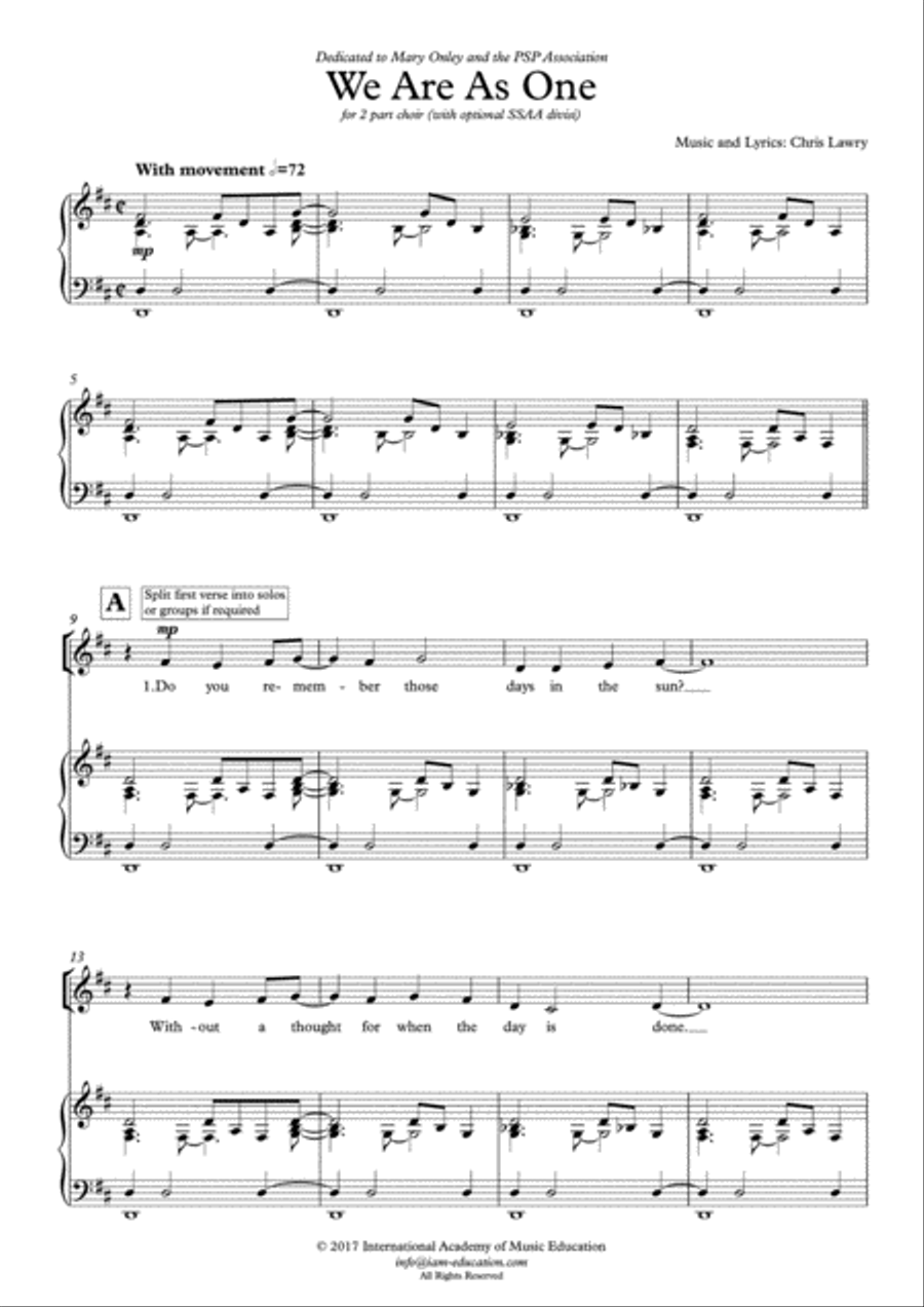 Chris Lawry - We Are As One (Vocal duet or SA Choir) SA scores gallery preview page 1