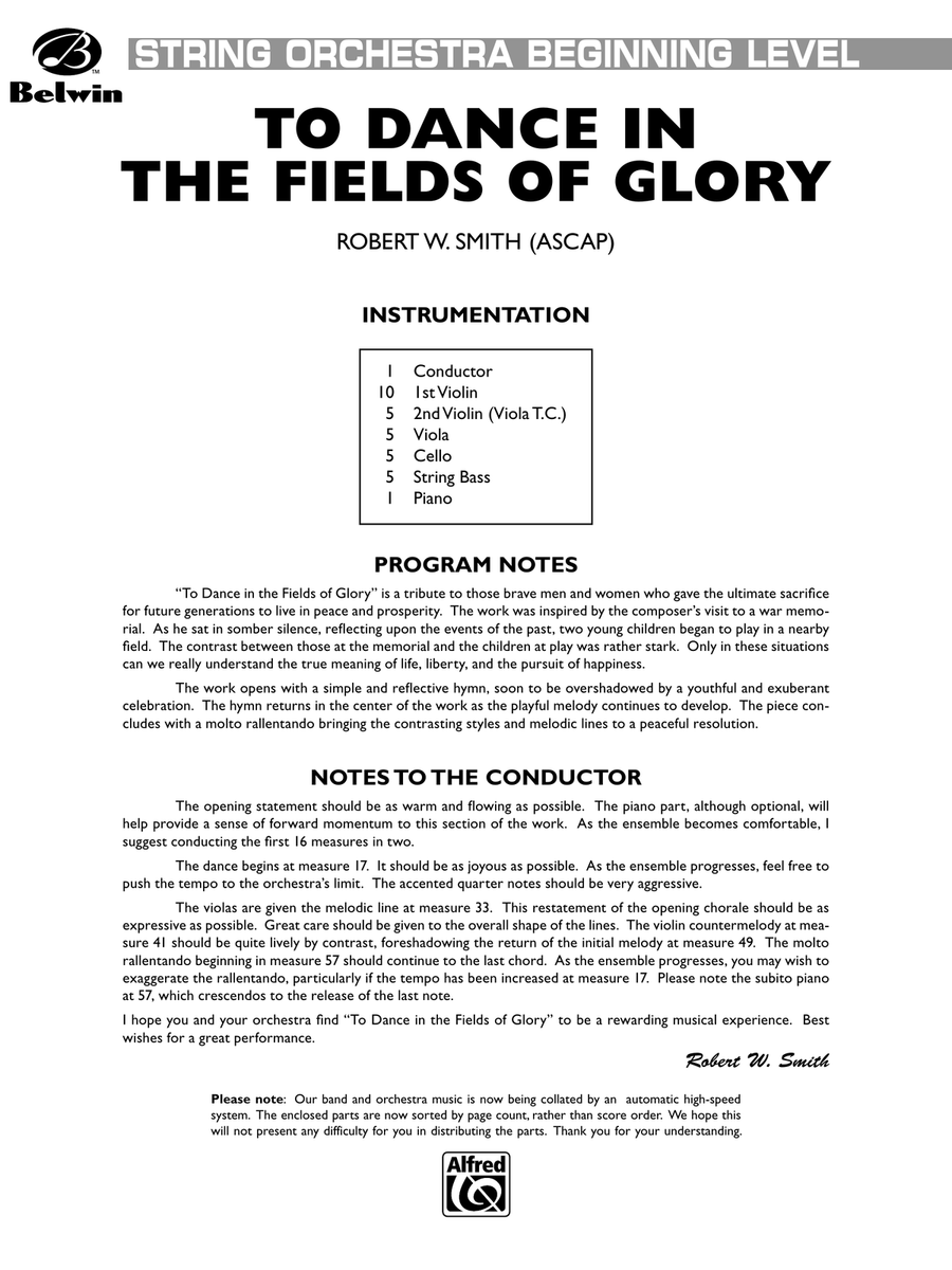 To Dance in the Fields of Glory: Score