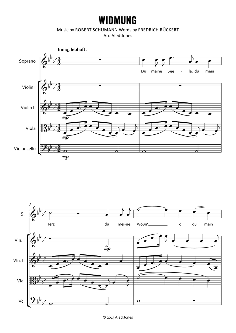 Schumann - Widmung (A flat Maj.) for Soprano and String Quartet String Quartet scores gallery preview page 1