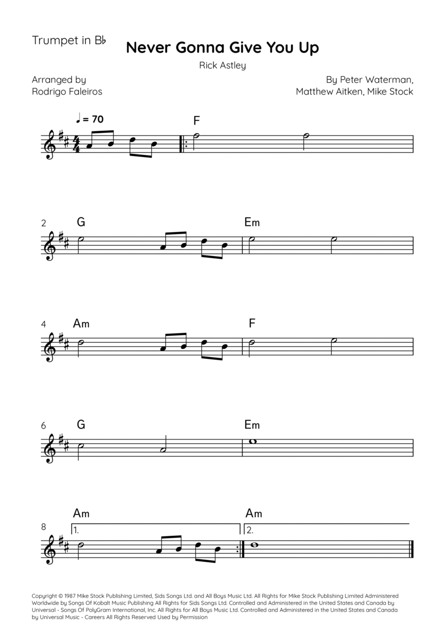 Never Gonna Give You Up B-Flat Trumpet scores gallery preview page 1