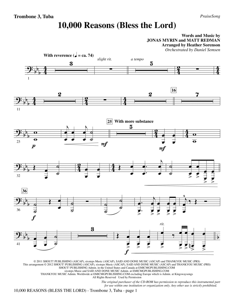 10,000 Reasons (Bless The Lord) - Trombone 3/Tuba Choir scores gallery preview page 1