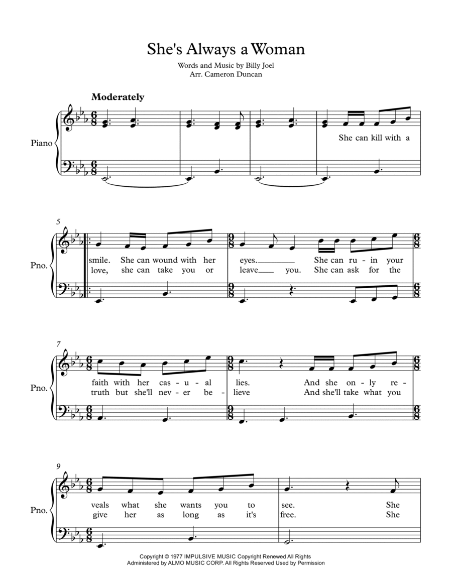 She's Always A Woman Easy Piano scores gallery preview page 1