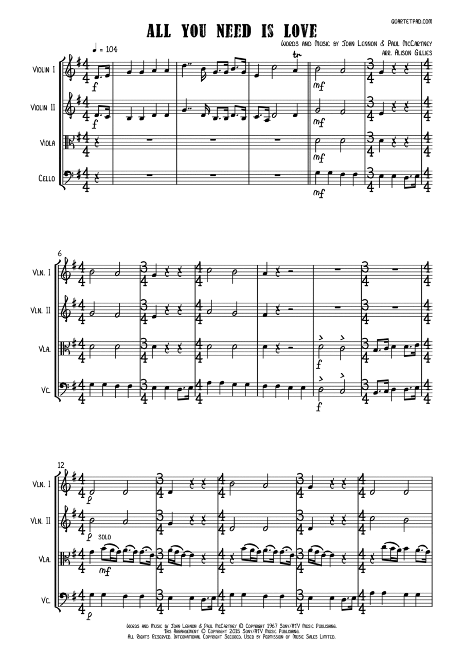 All You Need Is Love All You Need Is Love String Quartet scores gallery preview page 1