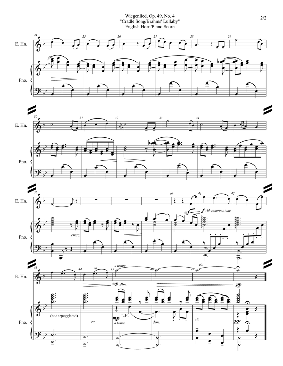 English Horn/Piano: Brahms' Lullaby/Cradle Song (Wiegenlied, Op. 49 No. 4) Chamber Music scores gallery preview page 2