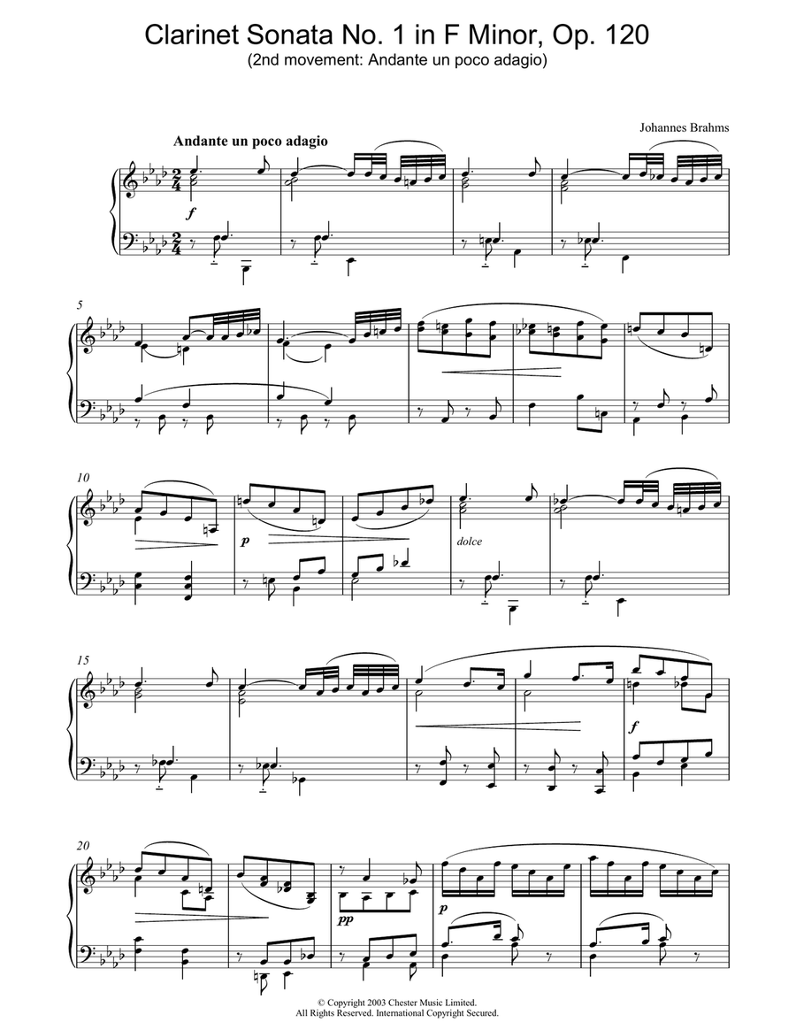 Clarinet Sonata No. 1 in F Minor, Op. 120 (2nd movement: Andante un poco adagio) Clarinet scores gallery preview page 1