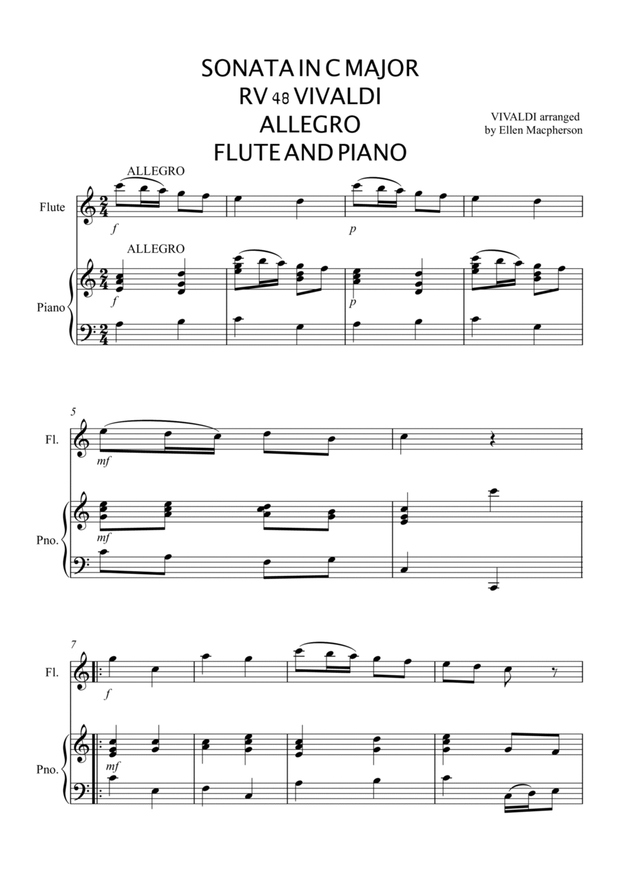VIVALDI Sonata in C (ALLEGRO RV 48) for Flute and Piano Flute Solo scores gallery preview page 1