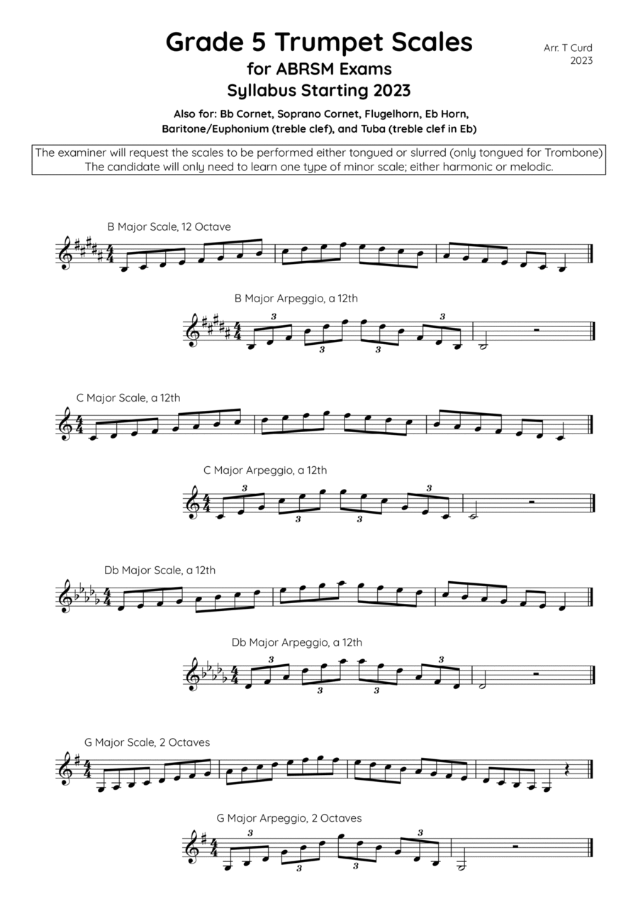 Trumpet Scales Grade 5. For the new ABRSM Syllabus from 2023. B-Flat Trumpet - Digital Sheet Music