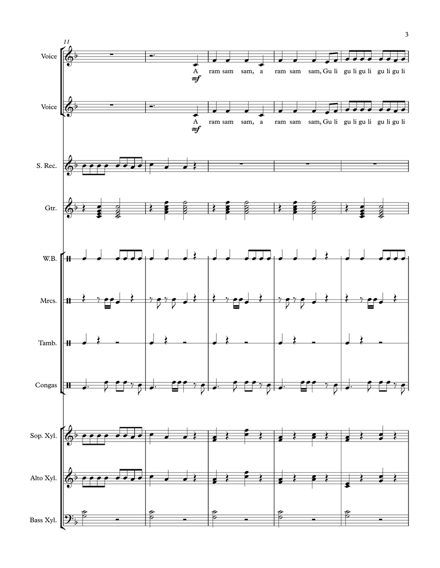 A Ram Sam Sam (African Folk Song) arranged for Orff Ensemble 3-Part scores gallery preview page 3
