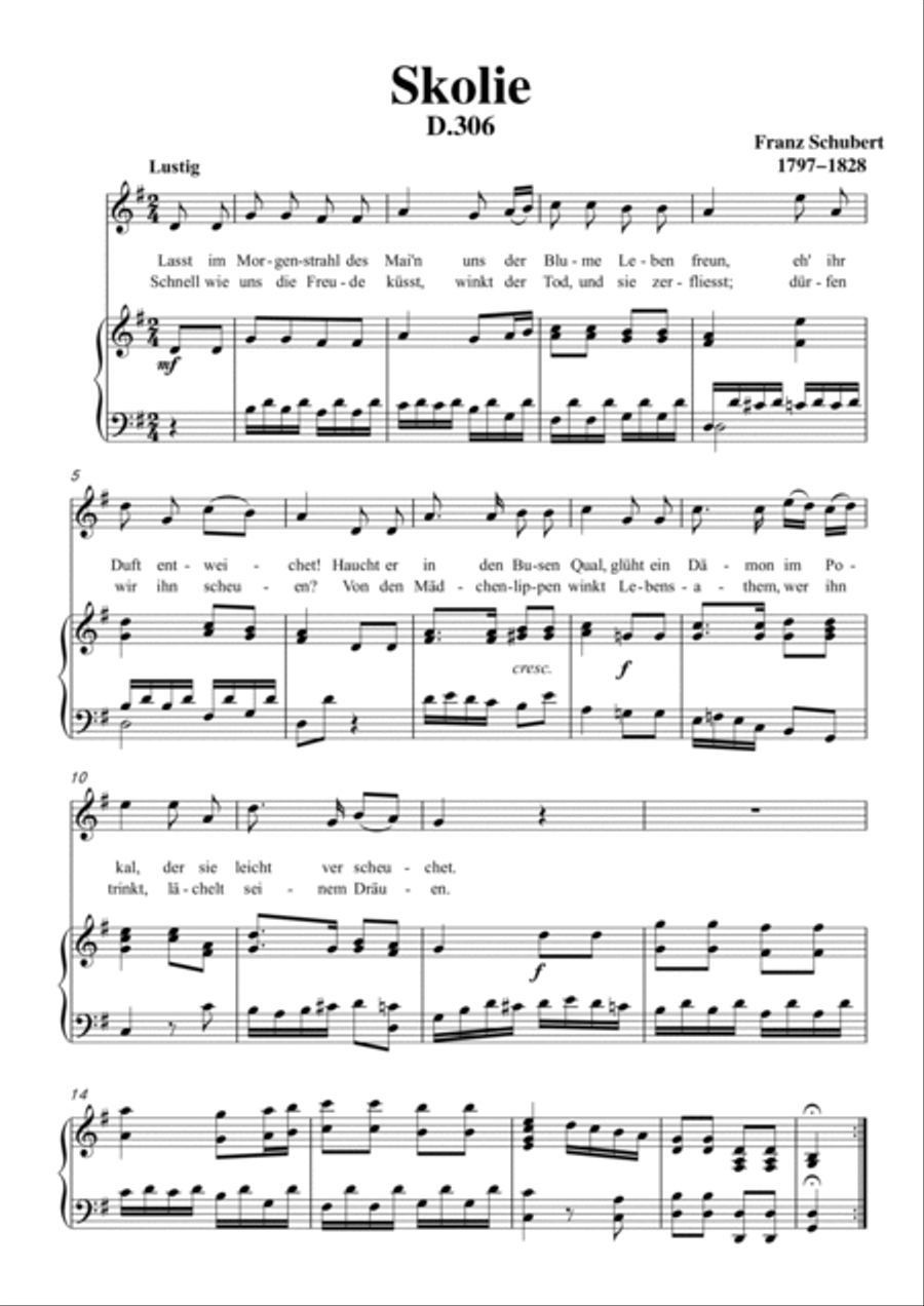 Schubert-Skolie(Skolion;Drinking Song),D.306 in G for Vocal and Piano Voice scores gallery preview page 2