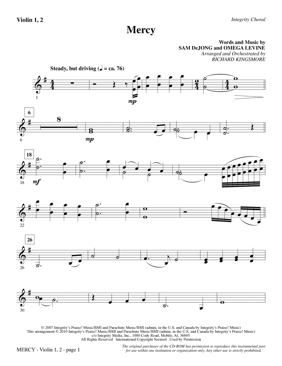 Mercy - Violin 1, 2 Mercy - Violin 1, 2 Choir scores gallery preview page 1