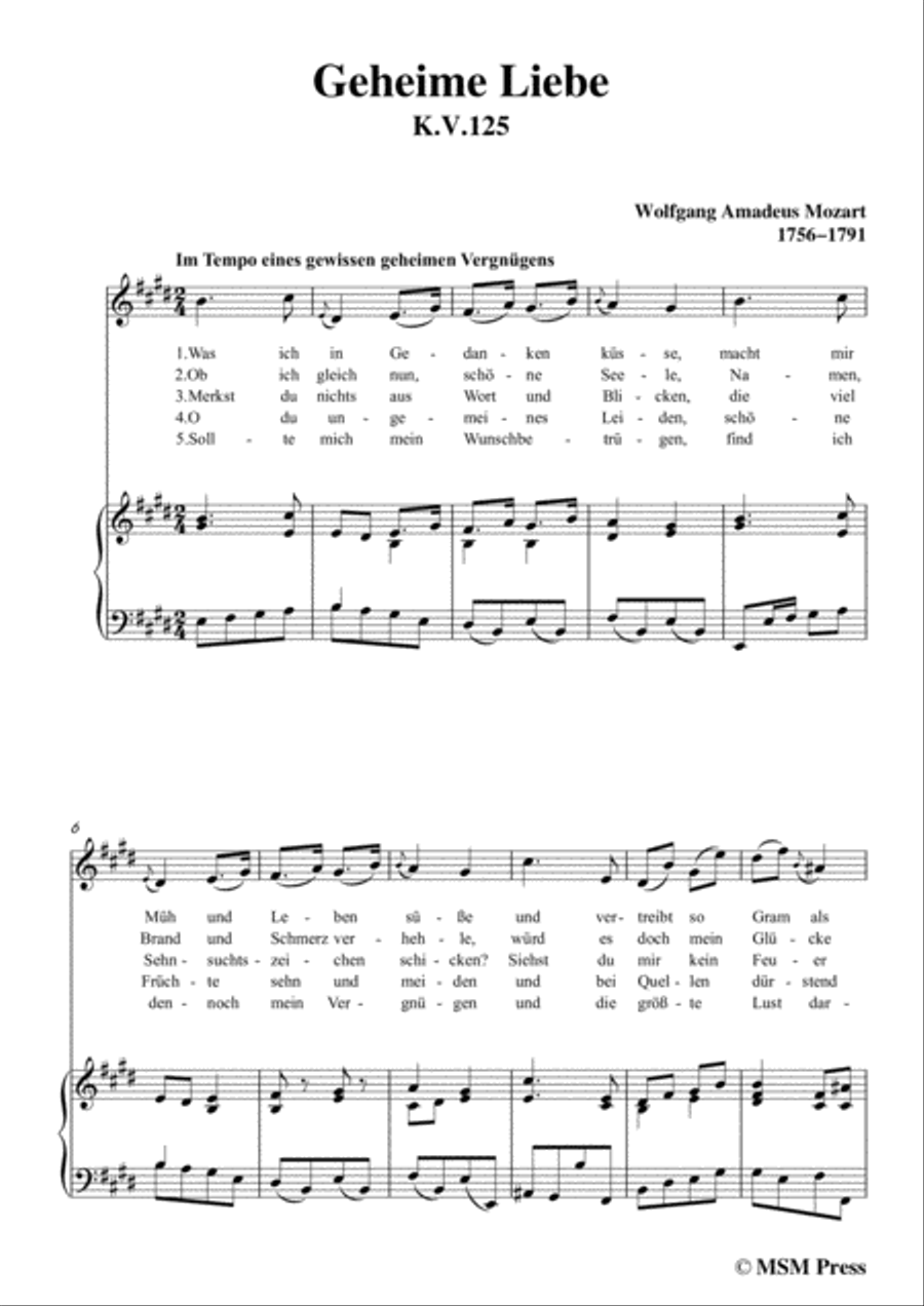 Mozart-Geheime Liebe,in E Major,for Voice and Piano Voice Solo scores gallery preview page 3