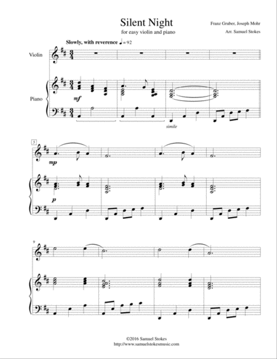 Silent Night - for easy violin (optional piano accompaniment) Violin Solo scores gallery preview page 1