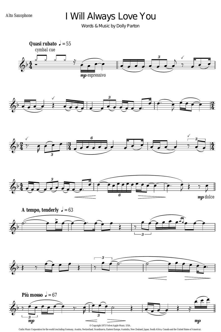 I Will Always Love You Alto Saxophone scores gallery preview page 1