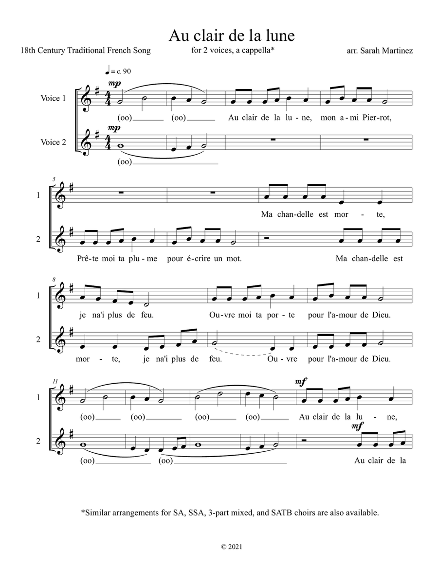 Au clair de la lune / By the Light of the Moon (Duet, A Cappella) A Cappella scores gallery preview page 1
