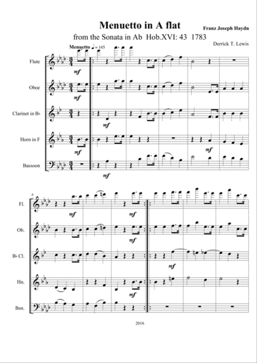 HAYDN- Menuetto from Piano Sonata Hob. 16: 43 Woodwind Quintet scores gallery preview page 2