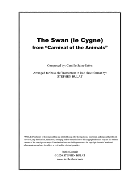 The Swan (Camille Saint-Saëns) - Lead sheet for bass clef instrument in original key of G