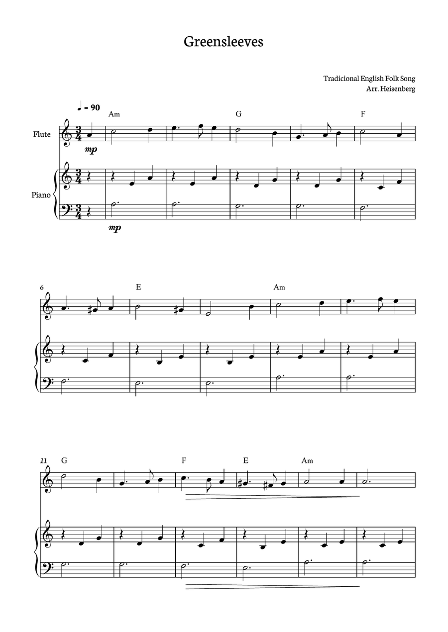 Greensleeves for Flute with piano accompaniment Flute Solo scores gallery preview page 1