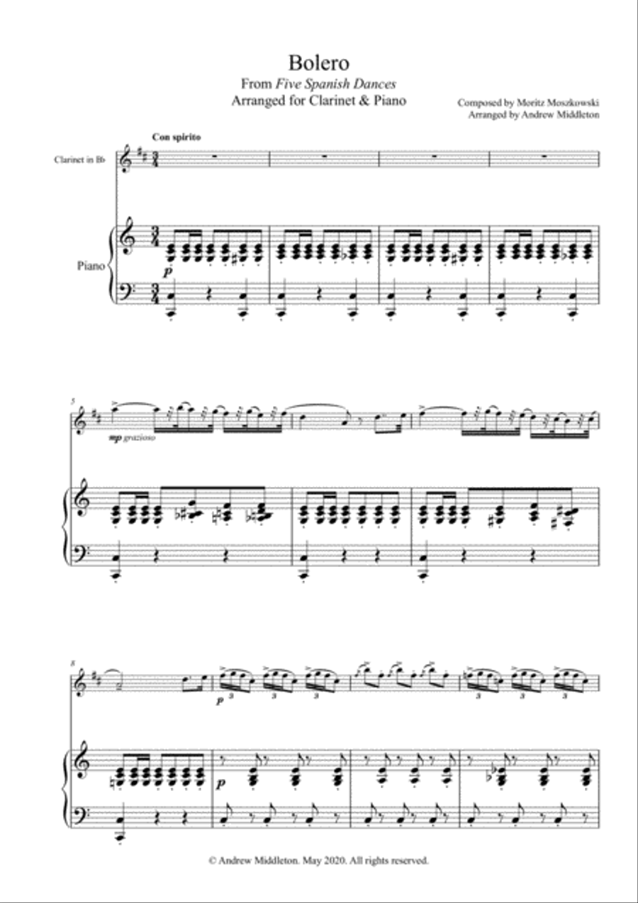 Bolero from Five Spanish Dances arranged for Clarinet and Piano Small Ensemble scores gallery preview page 2