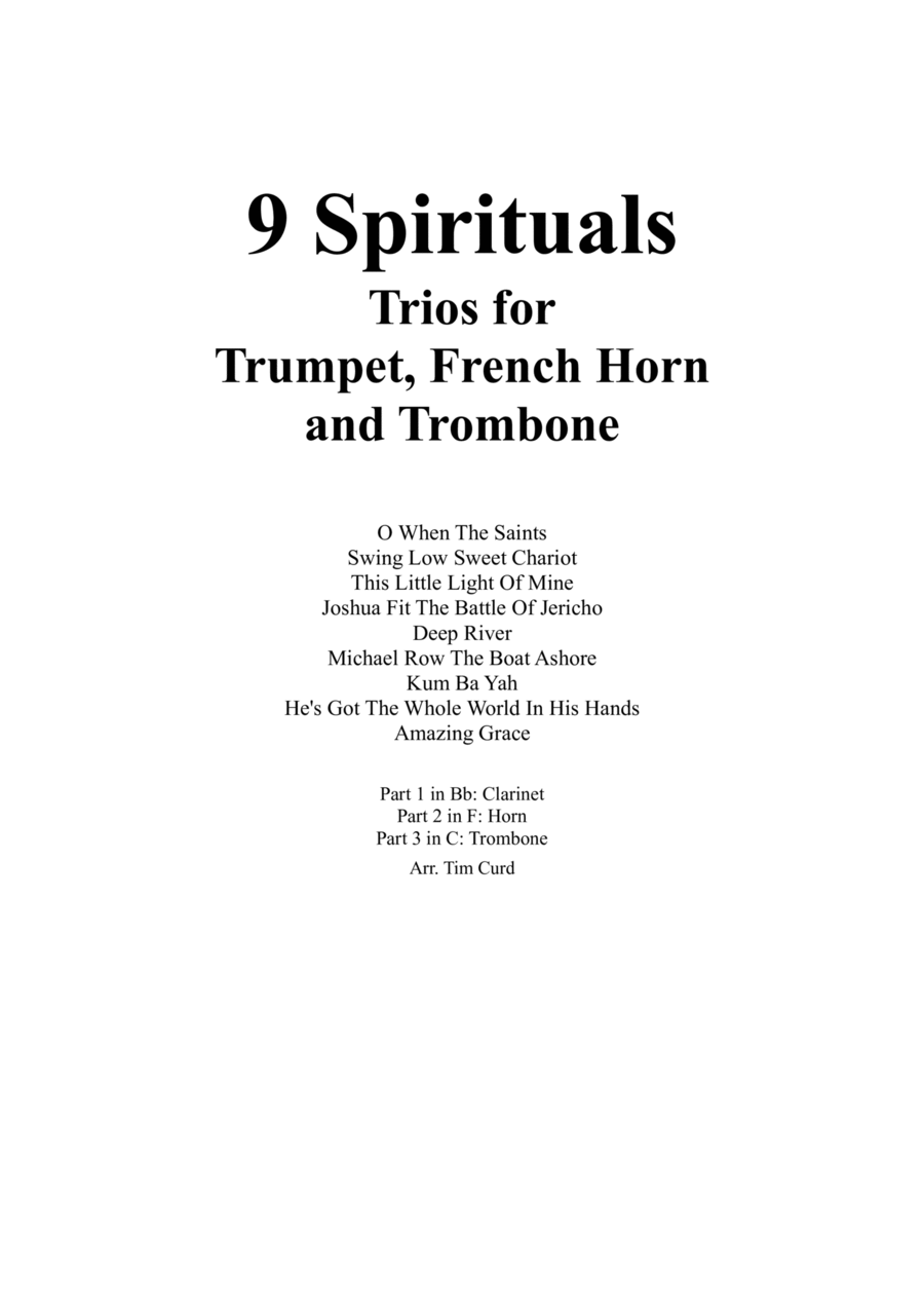 9 Spirituals, Trios For Trumpet, French Horn And Trombone 9 Spirituals, Trios For Trumpet, French Horn And Trombone Brass Trio scores gallery preview page 1