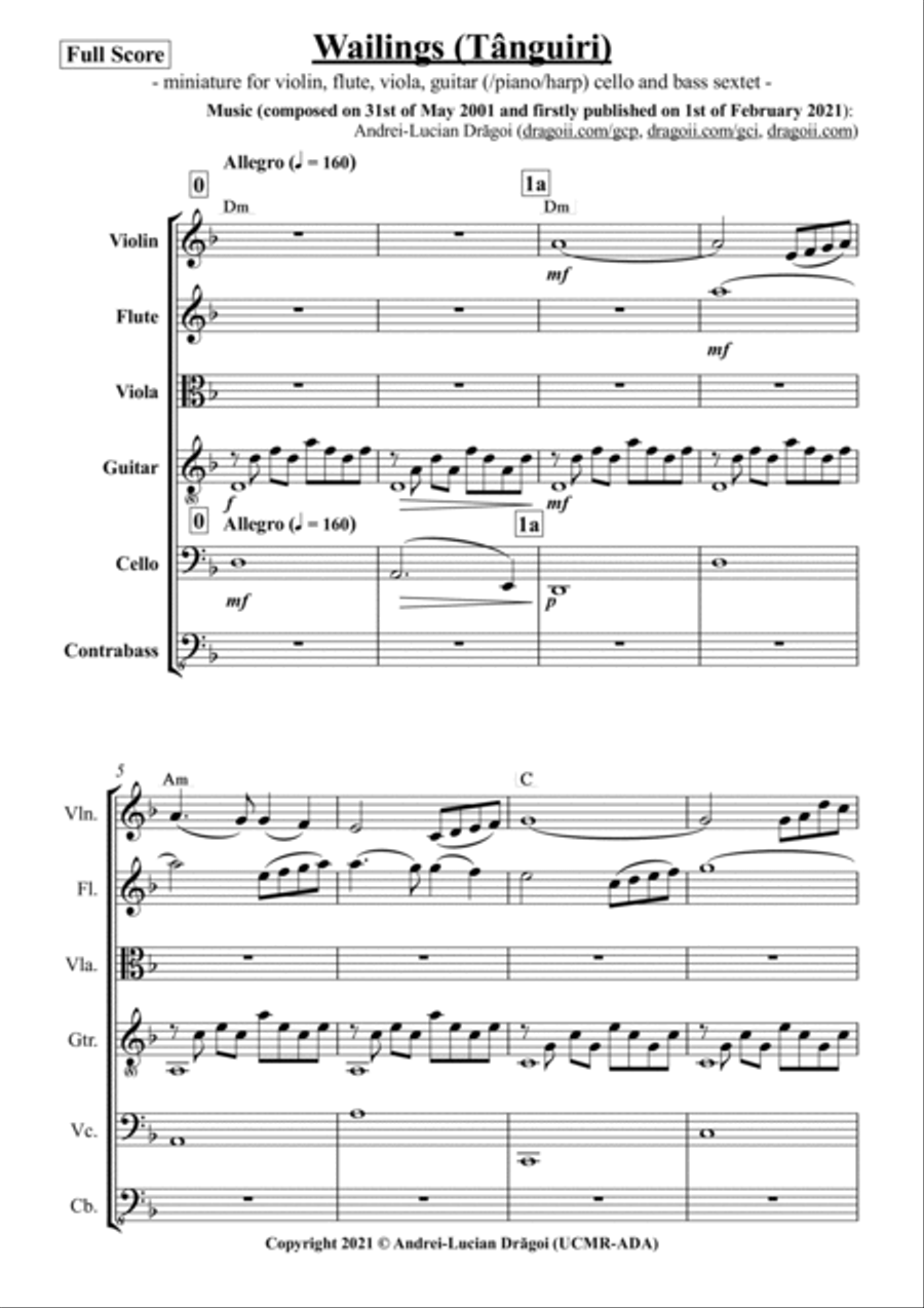 Wailings (Tânguiri) - miniature for violin, flute, viola, guitar (/piano/harp) cello and bass sexte Clarinet scores gallery preview page 1