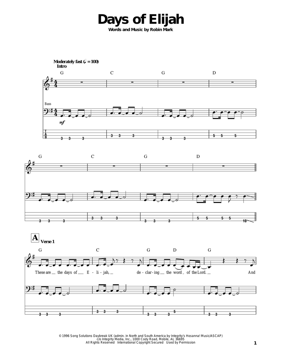 Days Of Elijah Bass Guitar Tablature scores gallery preview page 1