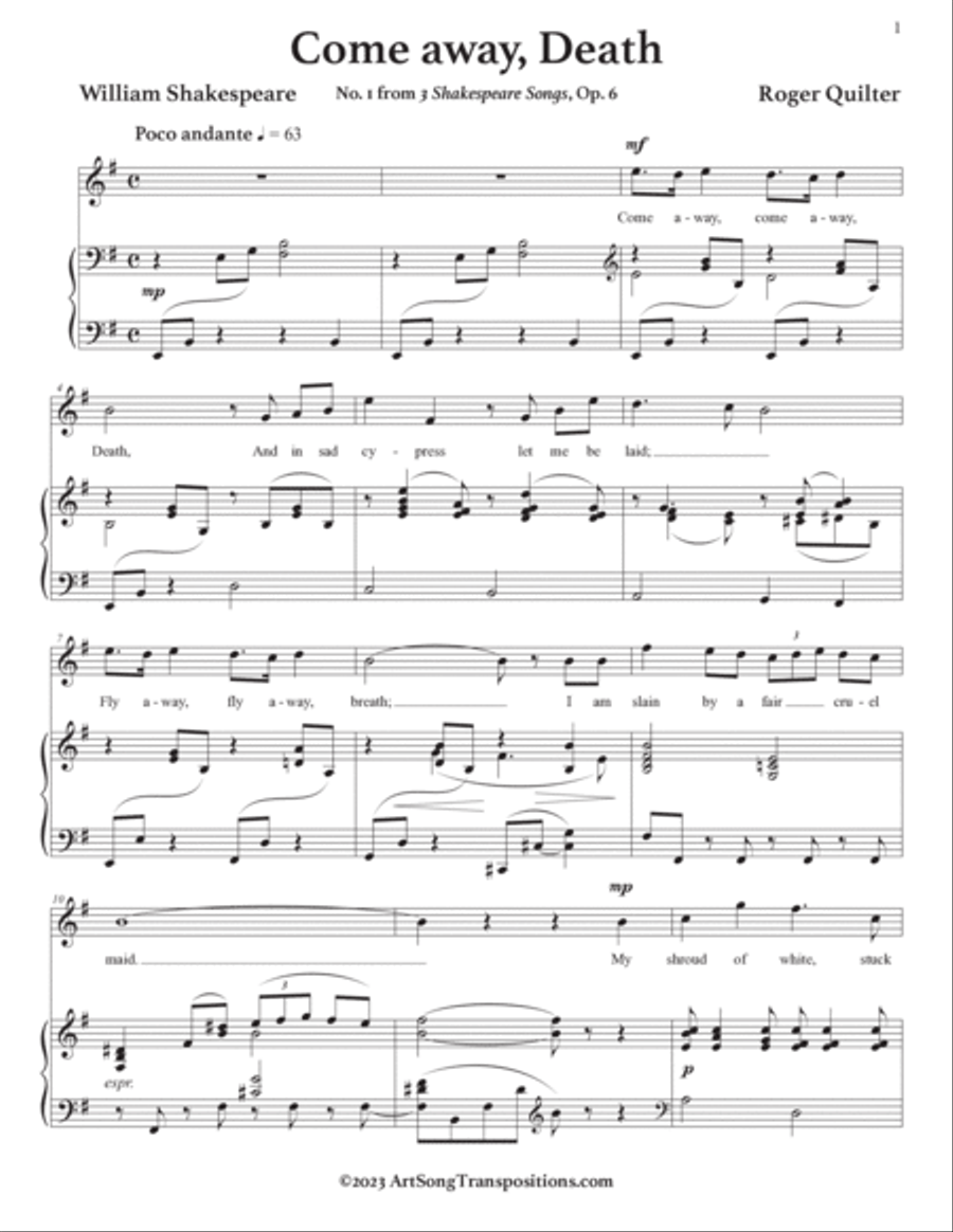 QUILTER: Come away, Death (transposed to 9 keys: E, E-flat, D, C-sharp, C, B, B-flat, A, A-flat min) Voice scores gallery preview page 2