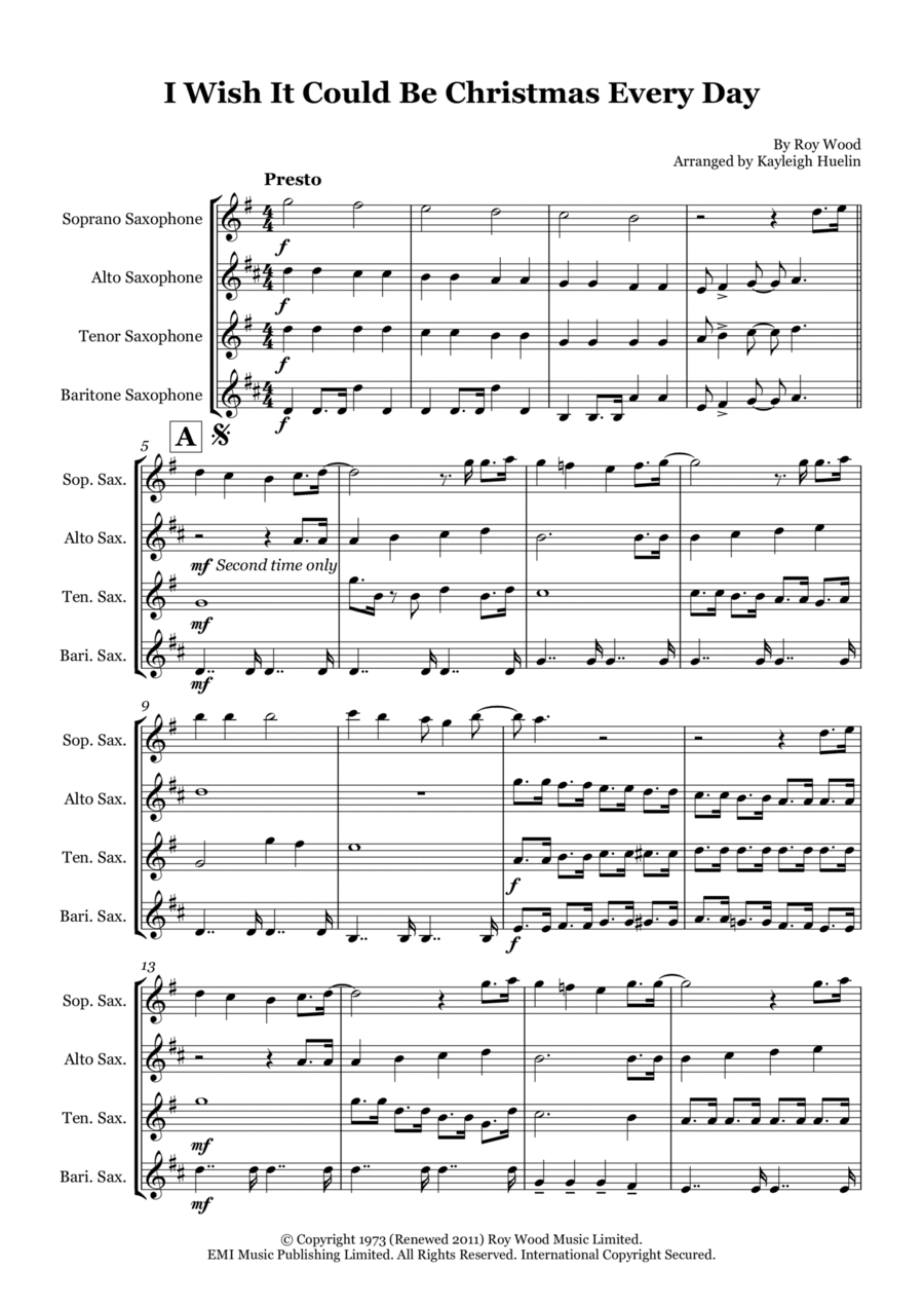 I Wish It Could Be Christmas Every Day Saxophone Quartet scores gallery preview page 1