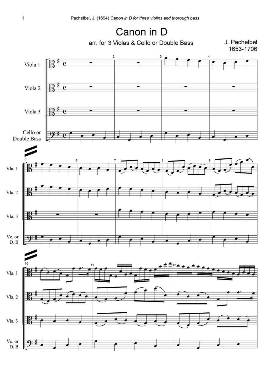 J. Pachelbel - Canon in D-dur, arr. for 3 Violas & Cello or Double Bass String Trio scores gallery preview page 1