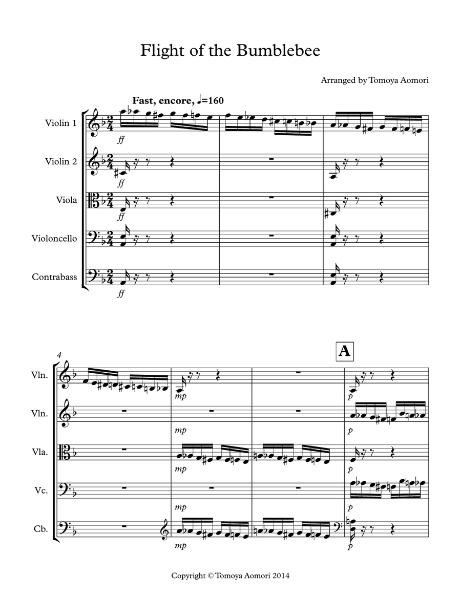 The Flight of the Bumblebee - arranged for String Ensemble/Orchestra/Quintet by Tomoya Aomori - scor String Orchestra scores gallery preview page 1