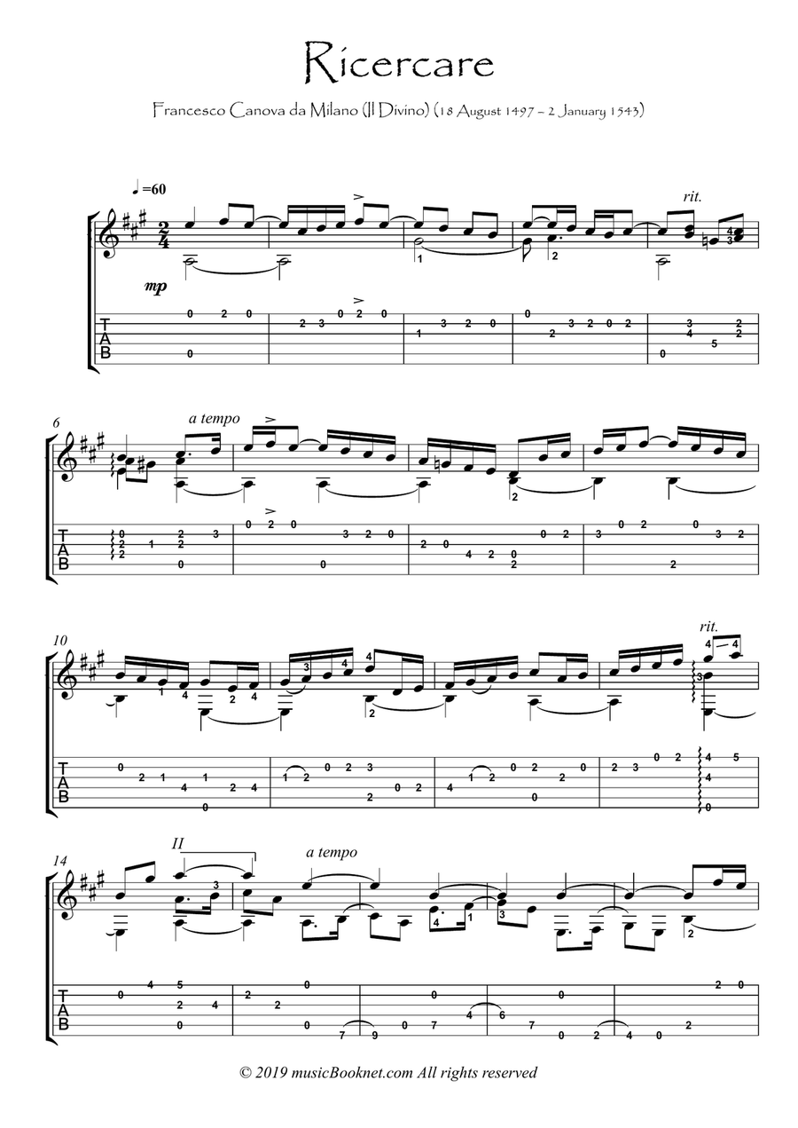 Ricercare guitar solo Acoustic Guitar scores gallery preview page 1