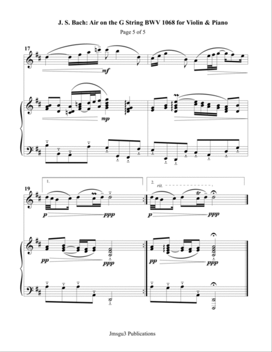 Bach: Air on a G String for Violin & Piano Violin Solo scores gallery preview page 5