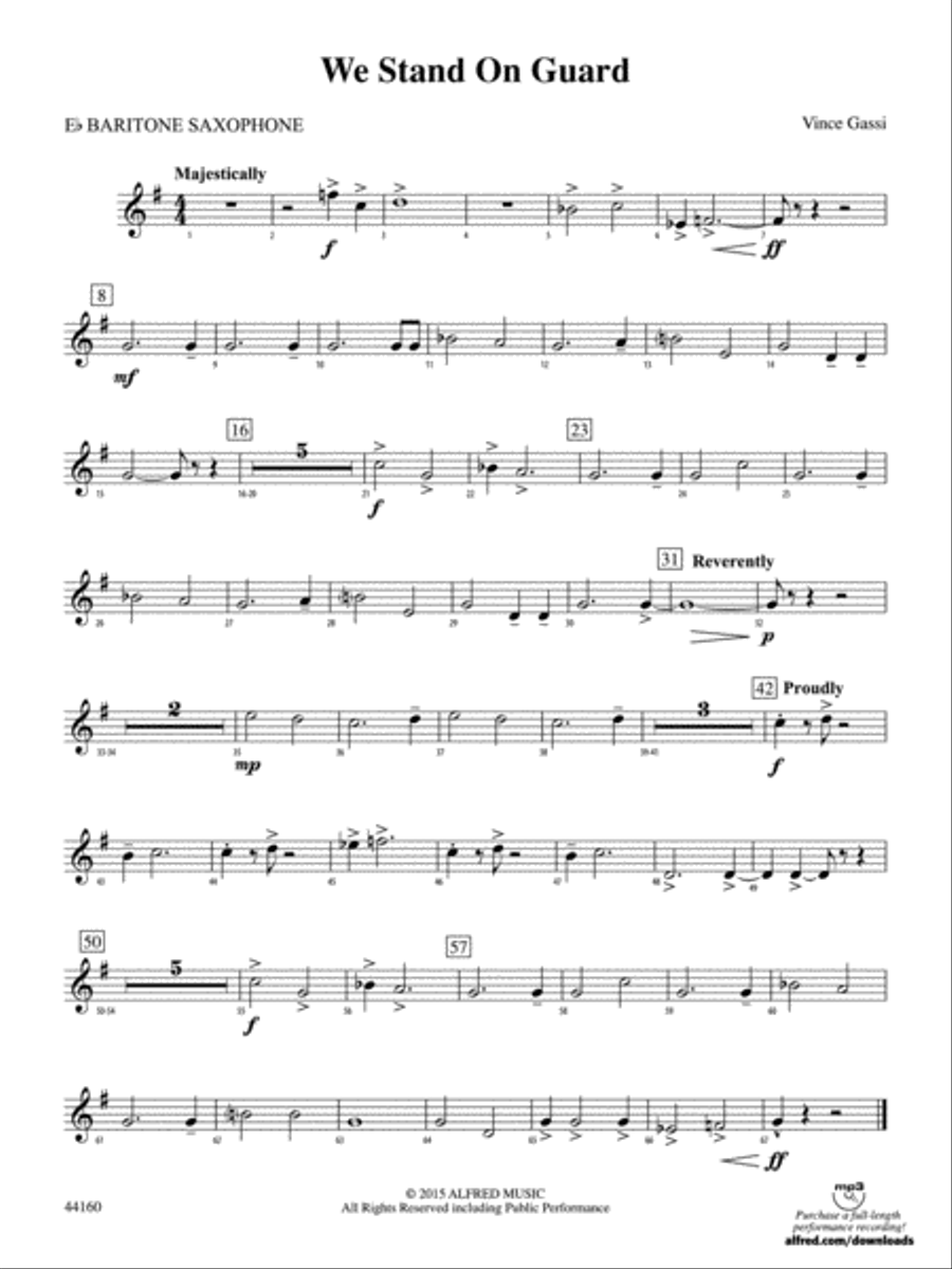 We Stand on Guard: E-flat Baritone Saxophone Concert Band scores gallery preview page 1