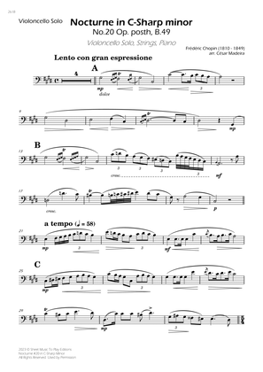 Book cover for Nocturne No.20 in C Sharp minor - Cello Solo, Strings and Piano (Individual Parts)
