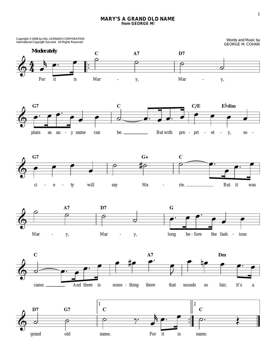 Mary's A Grand Old Name by George M. Cohan Piano - Digital Sheet Music