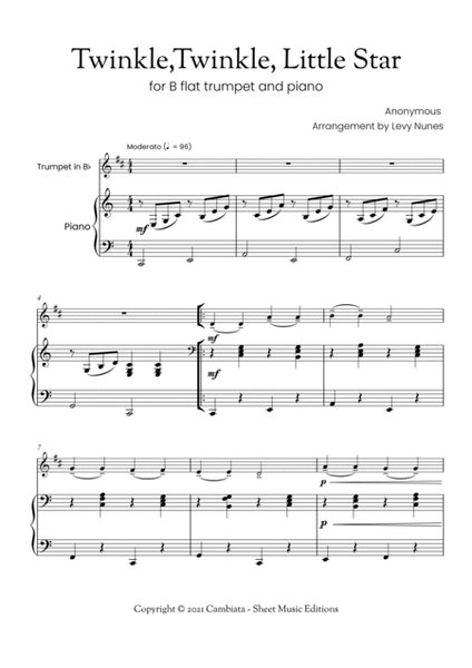 Twinkle,Twinkle, Little Star - For B flat trumpet (solo) and piano (Easy/Beginner) image number null