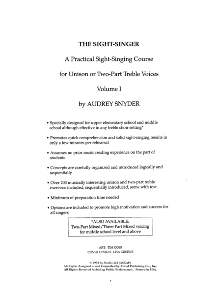 The Sight-Singer for Unison/Two-Part Treble Voices, Volume 1
