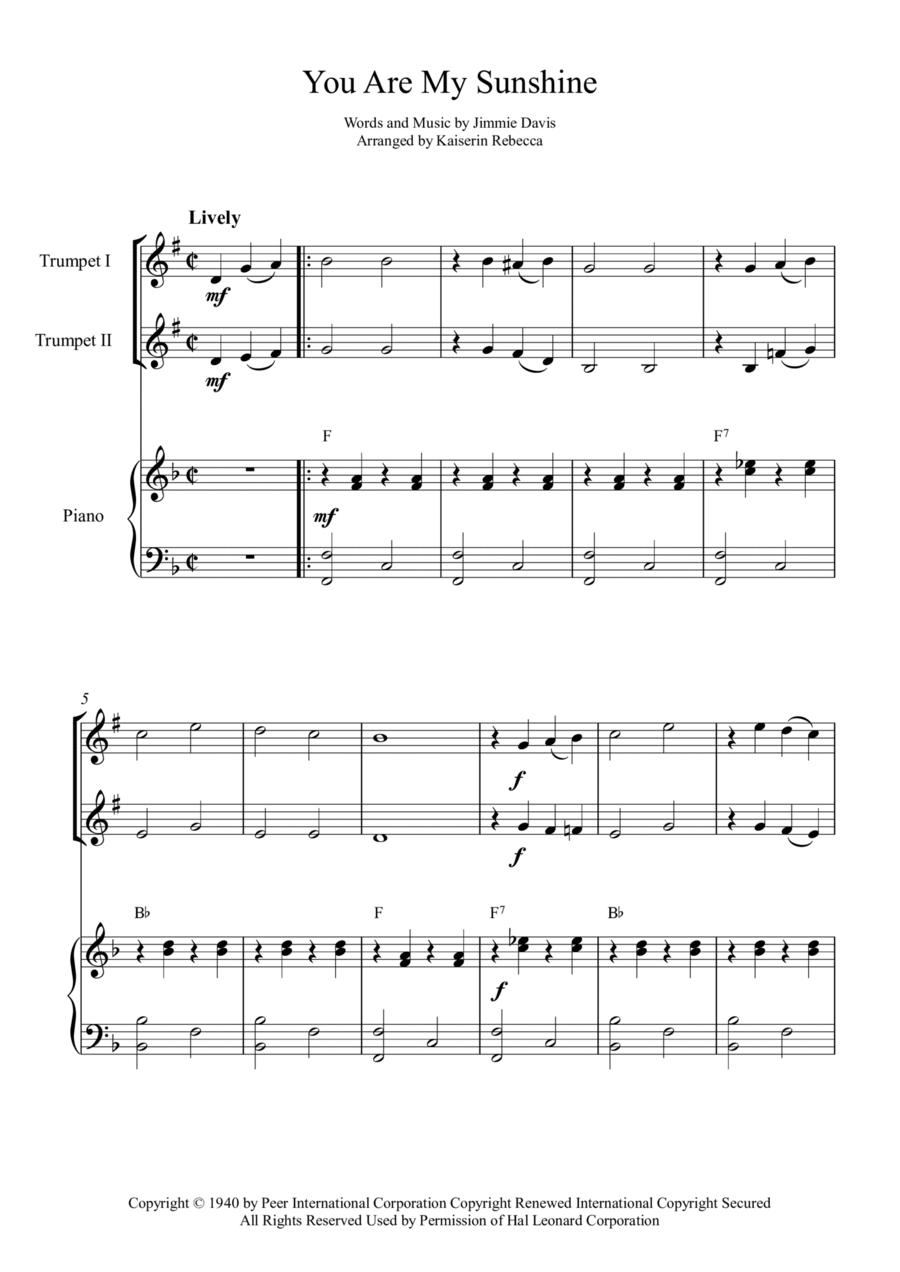 You Are My Sunshine Trumpet Duet scores gallery preview page 1