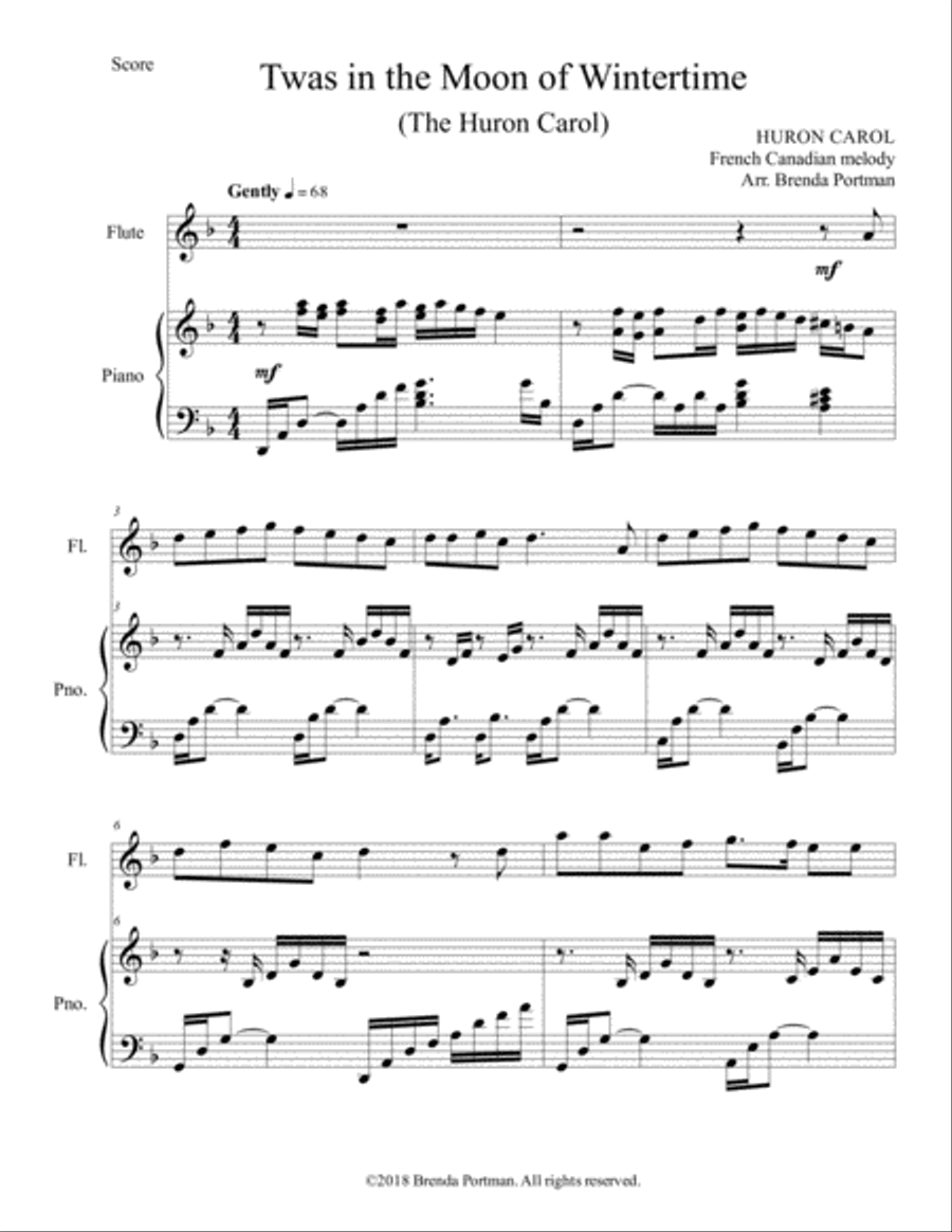 Twas in the Moon of Wintertime/The Huron Carol (flute/piano), arr. Brenda Portman Flute Solo scores gallery preview page 1