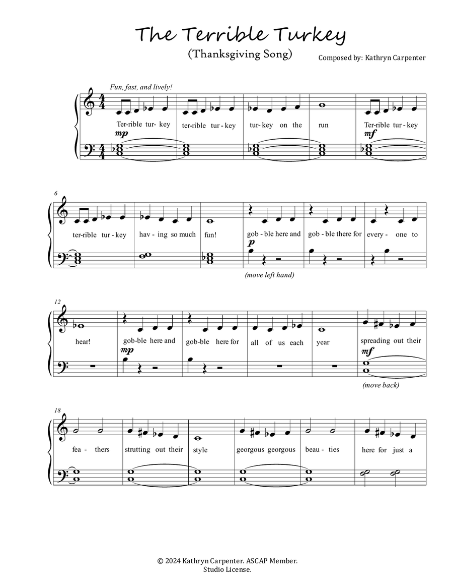 The Terrible Turkey (Thanksgiving Song with Lyrics) Easy Piano scores gallery preview page 1