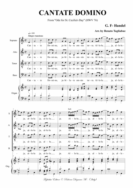 CANTATE DOMINO - From "Ode for St. Cecilia's Day (HWV 76) - Arr. for SATB Choir and Org. image number null
