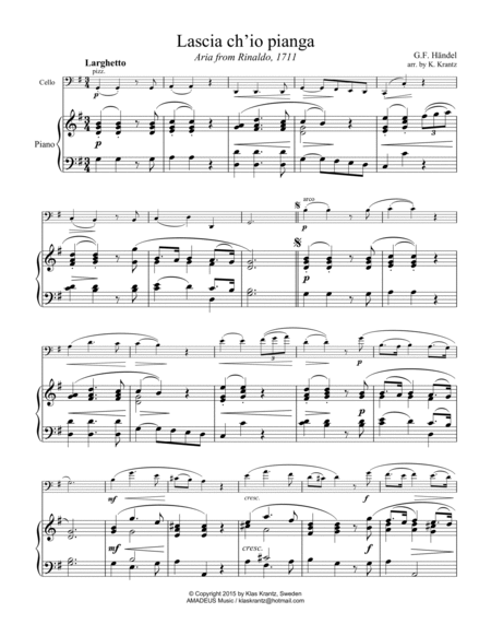 Aria - Lascia ch'io pianga for cello and piano image number null