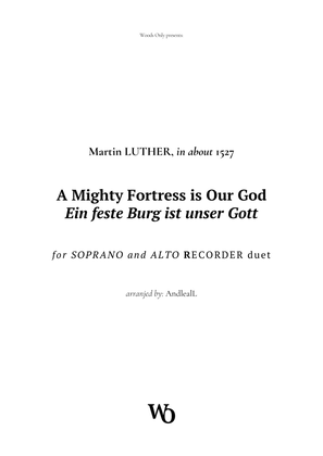 Book cover for A Mighty Fortress is Our God by Luther for Recorder Duet