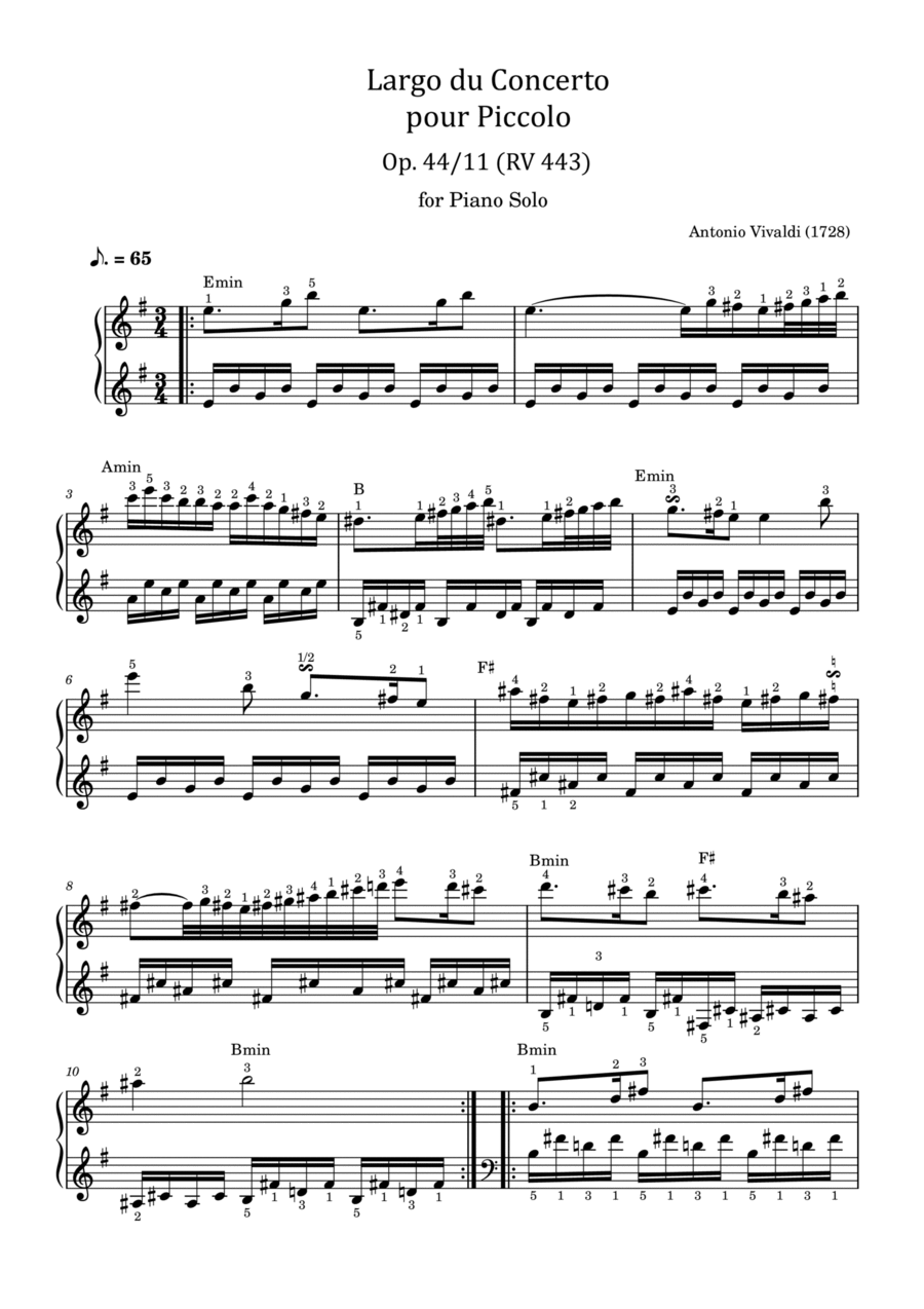 Vivaldi - Recorder Concerto in C major, RV 443 - 2. Largo In E Minor for Piano Solo Original Recorder scores gallery preview page 1