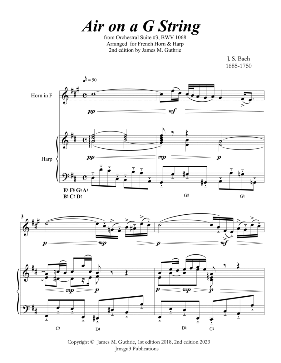 Bach: Air on a G String for French Horn & Harp Chamber Music scores gallery preview page 1