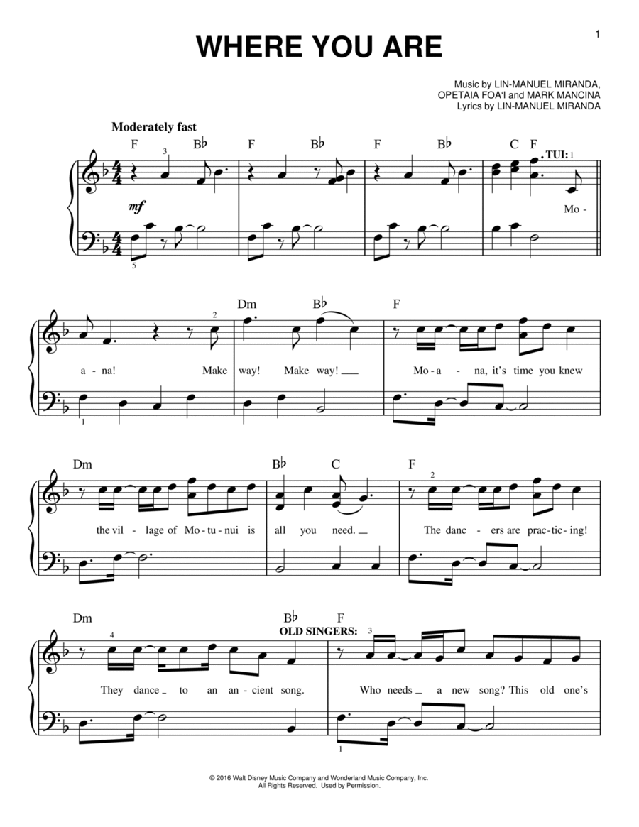 Where You Are (from Moana) Easy Piano scores gallery preview page 1