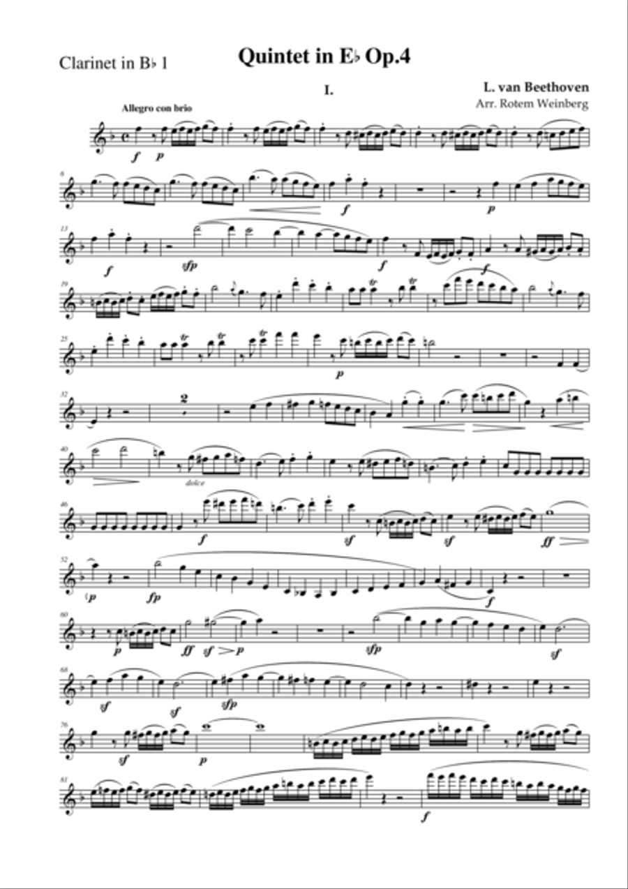 Quintet in Eb Op.4 mvmt.1 - Beethoven (Clarinet Quintet) Clarinet Quintet scores gallery preview page 1