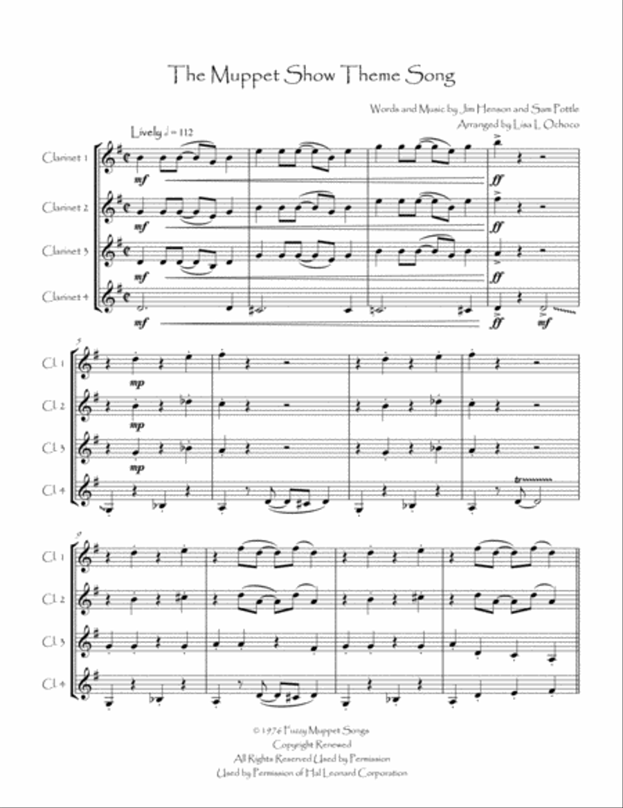 The Muppet Show Theme Clarinet Quartet scores gallery preview page 4