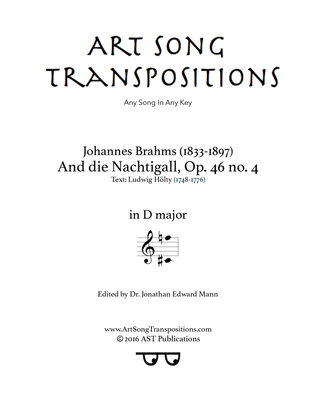 Book cover for BRAHMS: An die Nachtigall, Op. 46 no. 4 (transposed to D major)