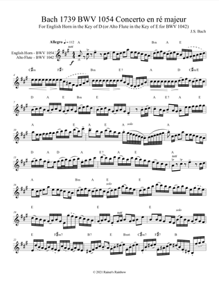Bach 1739 BWV 1054 Concerto en ré majeur For Solo Unaccompanied English Horn in the Key of D