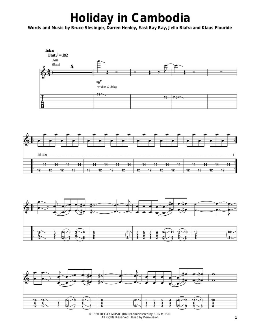 Holiday In Cambodia Electric Guitar scores gallery preview page 1